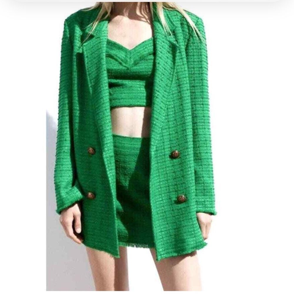 Zara Tweed Oversized Blazer Textured Double Breasted Size Large in Green Blogger